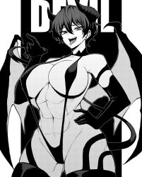 Rule 34 | 1girl, abs, absurdres, bare shoulders, breasts, commentary, demon girl, demon wings, ear piercing, elbow gloves, gloves, hand on own hip, hand up, highres, horns, large breasts, looking at viewer, monochrome, muscular, muscular female, narrowed eyes, navel, open mouth, original, piercing, sharp teeth, short hair, slingshot swimsuit, smile, solo, swimsuit, tail, teeth, thighhighs, tongue, tongue out, wings, yones81239278