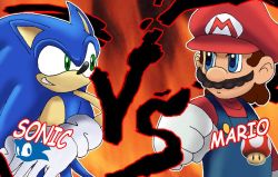 Rule 34 | 2boys, blue eyes, capcom, clenched hand, eye contact, facial hair, fire, gloves, green eyes, grin, hat, looking at another, male focus, mario, mario (series), multiple boys, mushroom, mustache, nintendo, parody, power-up, rivals, sega, smile, sonic the hedgehog, sonic (series), street fighter, street fighter iv (series), style parody, super mario bros. 1, super mushroom, super smash bros., suspenders, third-party edit, vs