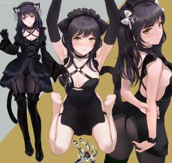 Rule 34 | 1girl, animal ears, arms behind back, arms up, ass, bare shoulders, black gloves, black hair, black pantyhose, blush, bow, breasts, cat ears, cat tail, choker, chowbie, cleavage, closed mouth, collarbone, detached sleeves, garter straps, gloves, gundam, hair bow, long hair, long sleeves, looking at viewer, looking back, maid, maid headdress, maid master, medium breasts, multiple views, original, panties, panties under pantyhose, pantyhose, ribbon, signature, simple background, sitting, tail, thighhighs, underwear, wariza, white bow, wrist cuffs, yellow eyes