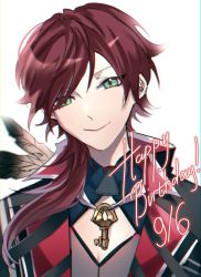 Rule 34 | 1boy, closed mouth, collared shirt, eyelashes, feathers, green eyes, hair behind ear, happy birthday, highres, key, lauren iroas, long hair, looking at viewer, male focus, miette (mwi180510), nijisanji, pectoral cleavage, pectorals, red hair, shirt, virtual youtuber, white background