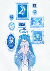 Rule 34 | 1girl, absurdres, barefoot, blue hair, closed eyes, hatsune miku, highres, hugging own legs, irple, painting (object), sitting, twintails, vocaloid