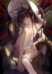 Rule 34 | 1girl, animal ear fluff, animal ears, armchair, bare shoulders, barefoot, bonnet, breasts, bridal garter, brown hair, chair, choker, cleavage, collarbone, dress, head tilt, hi-na1, highres, knee up, long hair, long sleeves, looking at viewer, medium breasts, off-shoulder dress, off shoulder, open mouth, original, signature, single thighhigh, sitting, solo, tail, thighhighs, thighs, toenails, tongue, tongue out, v, v-shaped eyebrows, very long hair, white choker, white dress, white headwear, white thighhighs, wolf ears, wolf girl, wolf tail, yellow eyes