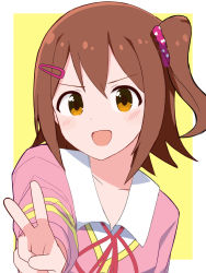 Rule 34 | 1girl, blush, bow, bowtie, brown eyes, brown hair, collar, collarbone, commentary request, hair between eyes, hair ornament, hairclip, hand up, idolmaster, idolmaster million live!, jacket, kasuga mirai, long sleeves, looking at viewer, open mouth, pink jacket, pink scrunchie, red bow, red bowtie, scrunchie, shirt, short hair, side ponytail, smile, solo, trinitro t, upper body, v, v-shaped eyebrows, white collar, white shirt, yellow background