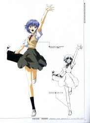 Rule 34 | 1girl, :d, arm up, ayanami rei, bag, bag charm, black legwear, black skirt, blue hair, breasts, briefcase, charm (object), collared shirt, concept art, copyright name, facing viewer, female focus, fukano youichi, hair between eyes, happy, highres, holding, holding bag, leg lift, legs together, loafers, looking at viewer, miniskirt, multiple views, necktie, neon genesis evangelion, non-web source, open mouth, outstretched arm, page number, partially colored, pleated skirt, red eyes, red necktie, scan, school bag, school uniform, shirt, shoes, short hair, short sleeves, simple background, skinny, skirt, small breasts, smile, socks, sweater vest, vest, waving, white background, white footwear, white shirt