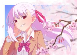 Rule 34 | 1girl, blush, bow, bowtie, breasts, brown jacket, cherry blossoms, fate/grand order, fate (series), grin, hair ribbon, hibun tsukasa, highres, jacket, kama (fate), large breasts, long hair, long sleeves, looking at viewer, red eyes, ribbon, school uniform, shirt, smile, solo, white hair, white shirt