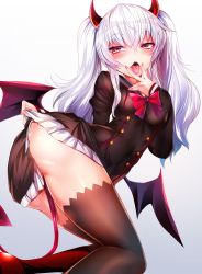 Rule 34 | 1girl, albino, ass, blush, boots, bow, bowtie, breasts, brown thighhighs, cunnilingus gesture, dark persona, demon girl, demon horns, demon tail, demon wings, evo grim, gradient horns, grey background, grim aloe, hair between eyes, hand on own face, heart, heart-shaped pupils, highres, horns, knee boots, kneeling, long hair, looking at viewer, loose bowtie, low wings, medium breasts, multicolored horns, nail polish, open mouth, pink nails, quiz magic academy, red eyes, red horns, red neckwear, red tail, red wings, shiny skin, shirt, sidelocks, silly (marinkomoe), simple background, single knee boot, skirt, skirt tug, symbol-shaped pupils, tail, taut clothes, thighhighs, tongue, tongue out, tsurime, twintails, twisted torso, uniform, wings