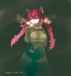 Rule 34 | 1girl, alternate costume, animal ears, bow, braid, breasts, cat ears, dated, extra ears, hair bow, kaenbyou rin, large breasts, long hair, long sleeves, low twintails, namauni, red eyes, red hair, ribbed sweater, scarf, sketch, solo, sweater, touhou, twin braids, twintails