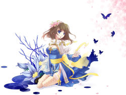 Rule 34 | 1girl, arch bishop (ragnarok online), ayasa, blue butterfly, blue dress, blue eyes, blue flower, breasts, brown hair, bug, butterfly, cleavage, commentary request, cross, dress, fishnet thighhighs, fishnets, flower, full body, head wreath, insect, jacket, juliet sleeves, lace, lace-trimmed legwear, lace trim, large breasts, long sleeves, looking to the side, medium hair, no panties, open mouth, petals, pink flower, puffy sleeves, ragnarok online, sash, shrug (clothing), solo, thighhighs, white jacket, yellow sash, yellow thighhighs