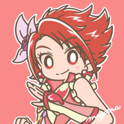 Rule 34 | 1girl, blush, butterfly earrings, clenched hand, closed mouth, cure rouge, earrings, eyelashes, flipped hair, flower, hair flower, hair ornament, highres, jewelry, mayena, natsuki rin, outline, popped collar, precure, red background, red hair, signature, sleeveless, smile, solo, upper body, white outline, yes! precure 5