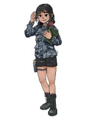 Rule 34 | 1girl, absurdres, black hair, boots, camouflage, cigarette, commentary, english commentary, full body, gun, handgun, headphones, headphones around neck, headset, highres, holster, holstered, military, original, pistol, rifleman1130, short shorts, shorts, simple background, smoking, solo, tablet pc, watch, weapon, white background, wristwatch