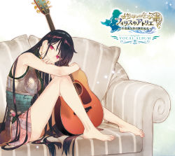 Rule 34 | 1girl, atelier (series), atelier firis, bare legs, bare shoulders, barefoot, black hair, copyright name, couch, earrings, feet, feet on chair, from side, guitar, head tilt, highres, instrument, jewelry, liane mistlud, long hair, looking at viewer, noco (adamas), official art, pleated skirt, red eyes, sitting, skirt, solo, striped