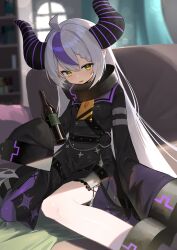 Rule 34 | 1girl, absurdres, ahoge, ascot, belt, black dress, blurry, blurry background, blush, bongnom, bottle, braid, coat, collar, demon horns, depth of field, dress, feet out of frame, grey hair, hair between eyes, highres, holding, hololive, horns, indoors, knees together feet apart, la+ darknesss, la+ darknesss (1st costume), long hair, long sleeves, looking at viewer, metal collar, multicolored hair, open mouth, pointy ears, purple hair, single thighhigh, sitting, sleeves past fingers, sleeves past wrists, solo, streaked hair, striped horns, thighhighs, very long hair, virtual youtuber, window, yellow ascot, yellow eyes