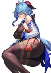 Rule 34 | 1girl, absurdres, ahoge, black bodysuit, black bow, black gloves, black leotard, black pantyhose, blue hair, bodystocking, bodysuit, bodysuit under clothes, bow, breasts, covered erect nipples, detached sleeves, feet out of frame, ganyu (genshin impact), genshin impact, gloves, goat horns, gold trim, gradient eyes, hair between eyes, hair bow, highres, horns, large breasts, leotard, long hair, long sleeves, looking at viewer, lying, multicolored eyes, on side, orange eyes, pantyhose, parted lips, pelvic curtain, ponytail, purple eyes, reclining, sidelocks, simple background, solo, thick thighs, thighs, very long hair, white background, white sleeves, yamanokami eaka