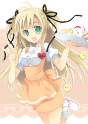 Rule 34 | &gt; &lt;, 1girl, :d, anna miller, bad id, bad pixiv id, bird, blonde hair, chick, chicken, cowboy shot, closed eyes, green eyes, hair ribbon, leg up, looking at viewer, open mouth, orange skirt, purinpurin, ribbon, shoes, skirt, smile, standing, standing on one leg, ^^^, suspenders, tareme, tray, waitress