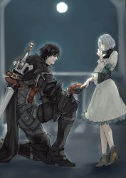 Rule 34 | 1boy, 1girl, armor, armored legwear, black cape, black hair, blush, cape, clive rosfield, dress, eye contact, facial hair, final fantasy, final fantasy xvi, frilled dress, frills, full moon, hand grab, highres, jill warrick, looking at another, moon, moyashi san4, night, night sky, on one knee, short hair, size difference, sky, square enix, time paradox