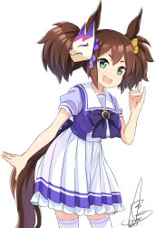Rule 34 | 1girl, abe kanari, animal ears, blouse, blue bow, bow, brown hair, cowboy shot, fox mask, fox shadow puppet, green eyes, horse ears, horse girl, horse tail, inari one (umamusume), long hair, looking at viewer, mask, open mouth, pleated skirt, puffy short sleeves, puffy sleeves, purple shirt, school uniform, serafuku, shirt, short sleeves, signature, simple background, skirt, smile, solo, tail, thighhighs, twintails, umamusume, v-shaped eyebrows, white background, white skirt, white thighhighs