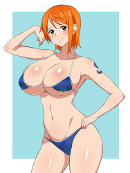 Rule 34 | 1girl, bare arms, bare shoulders, bikini, bikini top only, blush, breasts, brown eyes, cleavage, cowboy shot, curvy, female focus, highres, hip focus, huge breasts, kagemusha, large breasts, looking at viewer, nami (one piece), navel, one piece, orange eyes, orange hair, shiny skin, short hair, solo, stomach, swimsuit, tattoo, thick thighs, thighs, wide hips