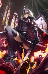 Rule 34 | 1girl, ahoge, armor, armored boots, armored dress, black armor, black cape, black dress, black thighhighs, boots, breasts, cape, commentary, daniel deng, dress, english commentary, fate/grand order, fate (series), faulds, fire, flag, fur-trimmed cape, fur trim, gauntlets, grin, headpiece, highres, holding, holding flag, holding sword, holding weapon, indoors, jeanne d&#039;arc alter (avenger) (fate), jeanne d&#039;arc alter (avenger) (first ascension) (fate), jeanne d&#039;arc alter (fate), large breasts, looking at viewer, looking down, short hair, smile, solo, sword, teeth, thighhighs, torn cape, torn clothes, weapon, white flag, white hair, yellow eyes
