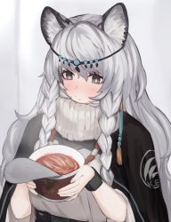 Rule 34 | 1girl, animal ear fluff, animal ears, arknights, bead necklace, beads, black eyes, blush, braid, breasts, circlet, commentary, cup ramen, drooling, earrings, food, hair between eyes, holding, holding food, infection monitor (arknights), jewelry, kizimakizima, kjerag logo, leopard ears, long hair, medium breasts, necklace, pramanix (arknights), ribbed sweater, saliva, side braids, silver hair, single earring, solo, steam, sweater, symbol-only commentary, tassel, tassel earrings, twin braids, upper body, white sweater