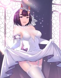 Rule 34 | 1girl, absurdres, alternate breast size, alternate costume, bob cut, breasts, bridal veil, bride, clothes lift, dress, dress lift, elbow gloves, fate/grand order, fate (series), garter straps, gloves, highres, horns, jifuwabe, lifting own clothes, oni, purple eyes, purple hair, short hair, shuten douji (fate), skin-covered horns, small breasts, solo, thighhighs, veil, wedding dress, white dress, white gloves, white thighhighs
