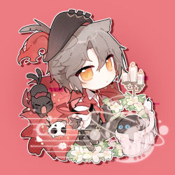 Rule 34 | animal, arknights, black cat, black gloves, black headwear, blouse, brown hair, candle, candlestand, cat, character request, closed mouth, collared shirt, fire, from side, full body, gloves, hair between eyes, looking at viewer, looking to the side, multiple tails, orange eyes, parted bangs, phantom (arknights), phantom (focus) (arknights), red background, renren, shirt, simple background, tail, two tails, white shirt