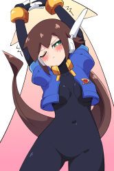 Rule 34 | 1girl, absurdres, aile (mega man zx), arms up, black bodysuit, blue jacket, bodysuit, breasts, brown hair, buzzlyears, cropped jacket, green eyes, highres, jacket, long hair, medium breasts, mega man (series), mega man zx, mega man zx advent, one eye closed, short sleeves, solo, stretching