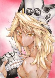 Rule 34 | 1girl, arc system works, back, bare shoulders, belt, belt bra, breasts, cleavage, colored pencil (medium), covered erect nipples, creature, dark-skinned female, dark skin, guilty gear, guilty gear xrd, hat, highres, large breasts, looking at viewer, orange eyes, ramlethal valentine, shiny skin, short shorts, shorts, sideboob, solo, traditional media, underboob, white hair, yoshitsuki
