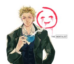 Rule 34 | 1boy, animification, bad id, bad pixiv id, blonde hair, blue eyes, cup, male focus, mikann0206, patrick jane, smile, smiley face, smoke, solo, tareme, teacup, the mentalist, wavy hair