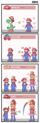 Rule 34 | 1girl, 2boys, 4koma, ^^^, absurdres, ayyk92, blonde hair, blue pants, cappy (mario), comic, copyright name, crossed arms, double cherry, dual persona, earrings, elbow gloves, english text, facial hair, gloves, highres, jewelry, long hair, mario, mario (series), multiple boys, mustache, new super mario bros. u deluxe, nintendo, overalls, pants, possessed, princess peach, silent comic, stacked hats, super crown, super mario 64, super mario odyssey, tail, transformation, white gloves, yoshi