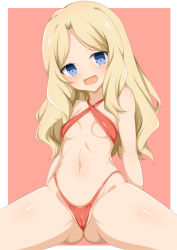 Rule 34 | 1girl, blonde hair, blue eyes, border, cleft of venus, commentary request, cowboy shot, frenda seivelun, long hair, one-piece thong, red background, red swimsuit, slingshot swimsuit, solo, spread legs, swimsuit, toaru kagaku no railgun, toaru majutsu no index, toshishikisai, two-tone background, white border