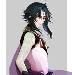 Rule 34 | 1boy, ahoge, arm tattoo, bad id, bad pixiv id, bare shoulders, bead necklace, beads, black hair, dodoot, facial mark, forehead mark, from side, genshin impact, green hair, grey background, highres, jewelry, long hair, looking at viewer, male focus, multicolored hair, necklace, open mouth, parted bangs, simple background, sleeveless, slit pupils, solo, tassel, tattoo, xiao (genshin impact), yellow eyes