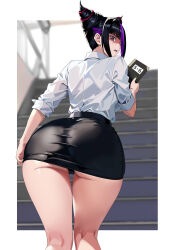 Rule 34 | 1girl, adjusting clothes, ass, black hair, blurry, blurry background, commentary request, fingernails, from behind, hair horns, han juri, highres, holding, looking at viewer, looking back, miniskirt, multicolored hair, nail polish, notebook, pantylines, parted lips, pencil skirt, purple eyes, purple hair, shirt, simple background, skirt, sleeves rolled up, stairs, street fighter, street fighter 6, white shirt, yagi (joe731842)