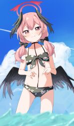 Rule 34 | 1girl, bikini, black bikini, black bow, black wings, blue archive, blue sky, blush, bow, breasts, closed mouth, cloud, commentary, cowboy shot, double-parted bangs, feathered wings, floral print, front-tie bikini top, front-tie top, gluteal fold, hair between eyes, hair bow, hair over shoulder, halo, haru (konomi 150), head wings, highres, koharu (blue archive), koharu (swimsuit) (blue archive), long hair, looking at viewer, low twintails, low wings, navel, ocean, official alternate costume, pink eyes, pink hair, pink halo, print bikini, sky, small breasts, solo, spaghetti strap, swimsuit, twintails, wading, wings