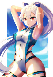 Rule 34 | 1girl, absurdres, arms behind head, blue bow, blue one-piece swimsuit, blue sky, border, bow, breasts, cloud, competition swimsuit, day, fate/grand order, fate (series), hair between eyes, hair bow, highres, long hair, medium breasts, one-piece swimsuit, ponytail, red eyes, silver hair, sky, solo, swimsuit, thigh strap, tomoe gozen (fate), tomoe gozen (swimsuit saber) (fate), tomoe gozen (swimsuit saber) (first ascension) (fate), two-tone swimsuit, very long hair, white border, white one-piece swimsuit, ziz (pandora707)