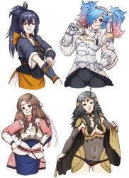 Rule 34 | 4girls, armor, barbariank, blue hair, breasts, brown eyes, brown hair, cleavage, fire emblem, fire emblem fates, gradient hair, grey eyes, grey hair, hair over one eye, hana (fire emblem), headband, highres, long hair, messy hair, multicolored hair, multiple girls, nintendo, oboro (fire emblem), ophelia (fire emblem), peri (fire emblem), pink eyes, pink hair, ponytail, simple background, smile, twintails, two-tone hair, white background