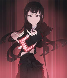 Rule 34 | 1girl, black hair, black skirt, blunt bangs, cable, cellphone, commentary request, cowboy shot, index finger raised, kazuoki, long hair, long sleeves, looking at viewer, original, phone, pleated skirt, red eyes, school uniform, serious, shirt, skirt, smartphone, solo, standing, white shirt