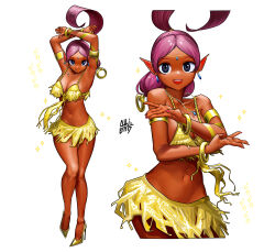 1girl :d absurdres all.i.end alternate_costume armlet armpits arms_up artist_name bangle bare_shoulders belly belly_dancing bikini bracelet breasts cleavage closed_mouth collarbone commentary dark-skinned_female dark_skin earrings english_commentary fingernails full_body genie gold_bikini gold_footwear grey_eyes happy head_chain high_heels highres jewelry knees large_breasts legs long_hair looking_at_viewer microskirt midriff multiple_views nail_polish navel necklace open_mouth parted_bangs pink_hair pointy_ears shahra shiny_clothes shoes sidelocks signature simple_background skirt smile sonic_(series) sonic_and_the_secret_rings sparkle standing stiletto_heels swimsuit translation_request white_background