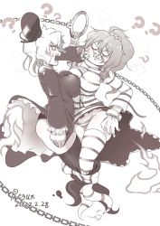 Rule 34 | 2girls, ?, artist name, breasts, cross-laced clothes, cuffs, dated, dress, entangled, foul detective satori, ghost tail, hair ornament, hat, highres, large breasts, leiguan, long sleeves, miyadeguchi mizuchi, monochrome, multiple girls, panties, ponytail, prison clothes, shackles, sharp teeth, shirt, short hair, simple background, skull hair ornament, soga no tojiko, spoilers, striped clothes, striped legwear, striped panties, striped shirt, striped thighhighs, tate eboshi, teeth, thighhighs, touhou, underwear, white background