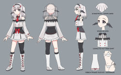 Rule 34 | 1girl, absurdres, asymmetrical legwear, black wings, boots, buttons, character profile, character sheet, chiem, chiem (vtuber), concept art, double-breasted, expressions, from behind, full body, grey eyes, hairband, highres, indie virtual youtuber, multiple views, necktie, official art, original, red necktie, standing, turnaround, uneven legwear, variations, virtual youtuber, wing ears, wings