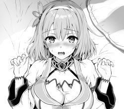 Rule 34 | 1girl, blush, breasts, cleavage, copyright request, fingernails, greyscale, hair ornament, hairband, hands up, kojima saya, large breasts, long sleeves, looking at viewer, lying, medium hair, monochrome, nose blush, on back, open mouth, pillow, solo, sweat, upper body, wide-eyed