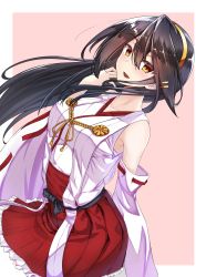 Rule 34 | 1girl, absurdres, arm up, bare shoulders, black hair, blush, breasts, brown eyes, detached sleeves, graphite (medium), hair between eyes, hair ornament, hairband, hairclip, haruna (kancolle), headgear, highres, japanese clothes, kantai collection, large breasts, long hair, looking at viewer, mechanical pencil, nontraditional miko, open mouth, pencil, pink background, ribbon-trimmed sleeves, ribbon trim, skirt, smile, solo, traditional media, two-tone background, utsumi karmin, white background
