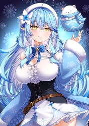 Rule 34 | 1girl, absurdres, bare shoulders, blue hair, breasts, cleavage, hat, highres, hololive, large breasts, long hair, looking at viewer, nail polish, smile, solo, takochan77, virtual youtuber, yellow eyes, yukihana lamy
