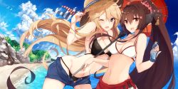 Rule 34 | 10s, 2girls, :d, ;d, alternate costume, animal, arm up, bare arms, bare shoulders, beach, bikini, bikini under clothes, bird, black bikini, blonde hair, blue eyes, blue shorts, bottle, breasts, brown hair, buttons, cleavage, cloud, collarbone, day, denim, denim shorts, eyebrows, flower, hair between eyes, hair flower, hair ornament, headgear, highres, holding, holding bottle, holding umbrella, horizon, iowa (kancolle), kantai collection, kinona, leaning forward, long hair, looking at viewer, medium breasts, moss, multiple girls, navel, ocean, one eye closed, open fly, open mouth, outdoors, parasol, ponytail, red eyes, red skirt, red umbrella, rock, sand, shore, short shorts, shorts, skirt, smile, standing, star-shaped pupils, star (symbol), star print, stomach, swimsuit, symbol-shaped pupils, tassel, umbrella, unbuttoned, very long hair, water, white bikini, yamato (kancolle)