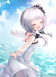 Rule 34 | 1girl, :d, ^ ^, aged down, ahoge, azur lane, back, blue sky, blunt bangs, blush, choker, closed eyes, cloud, commentary, cowboy shot, day, dress, facing viewer, fairy wings, frilled dress, frills, from side, hair ornament, hat, illustrious (azur lane), lace-trimmed headwear, lace trim, little illustrious (azur lane), long hair, low twintails, mujinbensin, mujinbi, open mouth, outstretched arms, pantyhose, patreon username, see-through, see-through sleeves, sidelocks, sky, smile, solo, sparkle, standing, sunlight, teeth, tilted headwear, twintails, upper teeth only, water, water drop, white choker, white dress, white hair, white hat, white pantyhose, wings