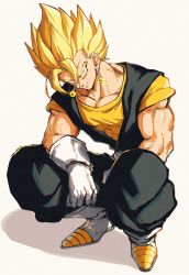 Rule 34 | 1boy, absurdres, boots, dougi, dragon ball, dragonball z, earrings, full body, gloves, highres, jewelry, looking at viewer, male focus, muscular, muscular male, potara earrings, relio db318, simple background, smile, solo, squatting, super saiyan, super saiyan 1, vegetto, white footwear, white gloves