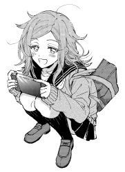Rule 34 | 1girl, :d, baburo, bad id, bad pixiv id, bag, blush, flipped hair, from above, full body, game console, greyscale, highres, holding, kneehighs, kunichika yuu, loafers, long hair, long sleeves, looking at viewer, looking up, messy hair, miniskirt, monochrome, open mouth, pleated skirt, school bag, shoes, simple background, skirt, sleeves past wrists, smile, socks, solo, squatting, sweater, world trigger