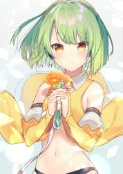 Rule 34 | 1girl, bare shoulders, black panties, blue background, blush, bridal gauntlets, brown eyes, chunithm, closed mouth, cona kinaco, fingernails, flower, green hair, hair between eyes, head tilt, heart, heart-shaped pupils, highres, holding, holding flower, looking at viewer, navel, own hands clasped, own hands together, panties, short hair, silhouette, sky feather, smile, solo, symbol-shaped pupils, underwear