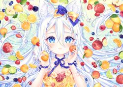 Rule 34 | 1girl, :3, animal ear fluff, animal ears, apple, apple slice, bad id, bad pixiv id, blackberry (fruit), blue bow, blue eyes, blueberry, blush, bow, cat ears, cherry, closed mouth, commentary, dress, english commentary, flower, food, food print, food request, fruit, hair between eyes, hair bow, hands up, holding, holding food, holding fruit, kiwi (fruit), lemon, lemon slice, lime (fruit), lime slice, long hair, looking at viewer, nami (nyaa), orange (fruit), orange bow, orange dress, orange slice, original, peach, peach slice, pear, print dress, raspberry, red apple, red flower, red rose, rose, school uniform, solo, strapless, strapless dress, strawberry, too many, very long hair, white flower, white hair, white rose