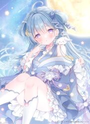 Rule 34 | 1girl, ahoge, bare shoulders, blue bow, blue hair, blue kimono, bow, character request, copyright request, hair between eyes, hair bow, hair ornament, hand up, japanese clothes, kimono, moon, omochi monaka, purple eyes, sitting, socks, solo, virtual youtuber, white socks