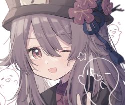 Rule 34 | 1girl, :3, :d, blush, brown hair, brown hat, brown jacket, commentary request, fang, flower, flower-shaped pupils, genshin impact, ghost, hair flaps, hat, hat flower, highres, hu tao (genshin impact), jacket, long hair, open mouth, plum blossoms, porkpie hat, red eyes, red footwear, red shirt, roku 6, shirt, sidelocks, smile, solo, star (symbol), symbol-shaped pupils, twintails, upper body, v, very long hair
